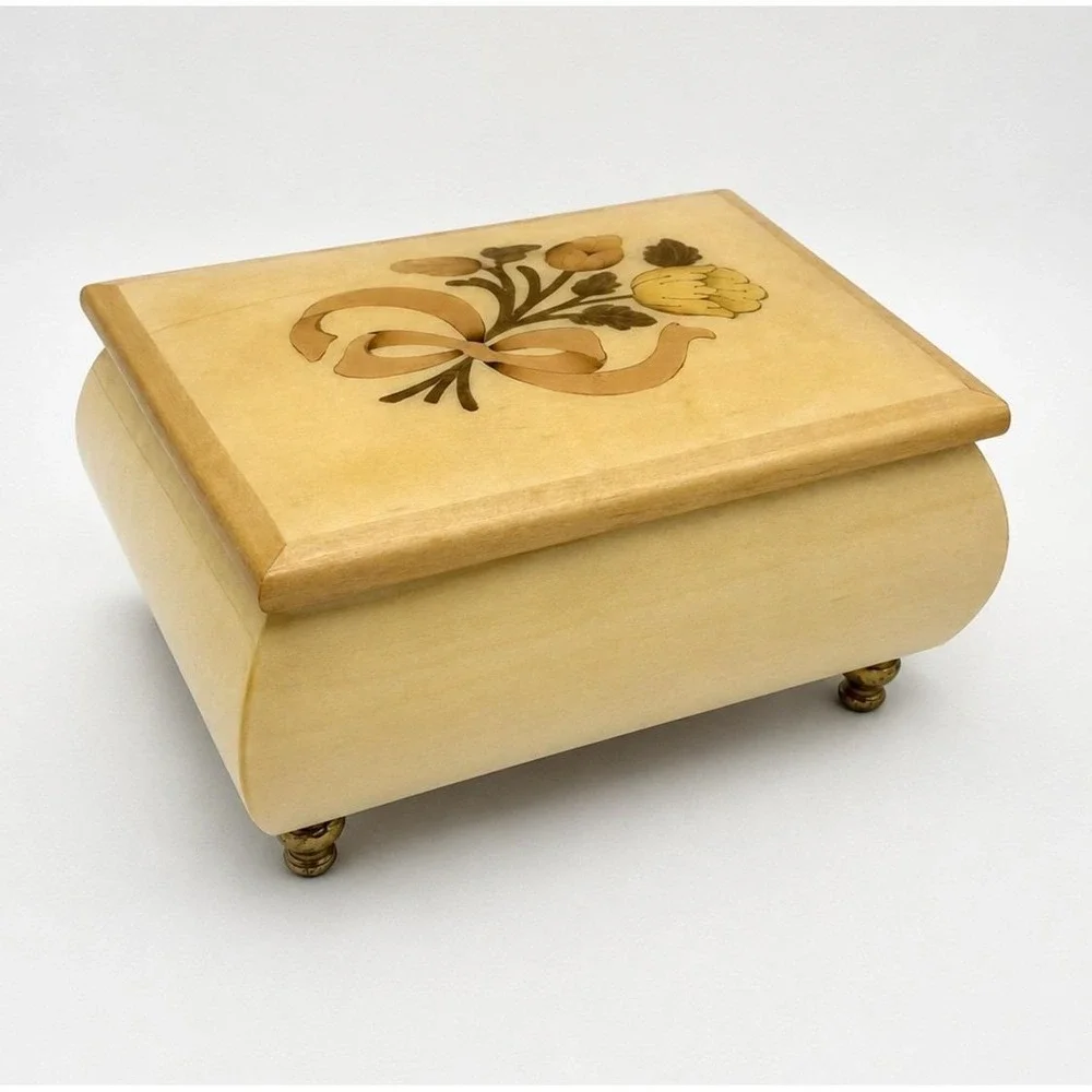Vintage Italian Inlaid Wood Music Box Floral Marquetry 4.5x3.5